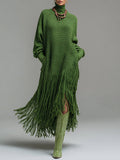 sheenchic Festival Green High Collar Long Sleeve Strappy Boho Pocket Knitted Maxi Dresses