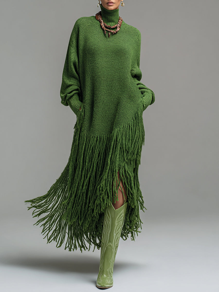 sheenchic Festival Green High Collar Long Sleeve Strappy Boho Pocket Knitted Maxi Dresses