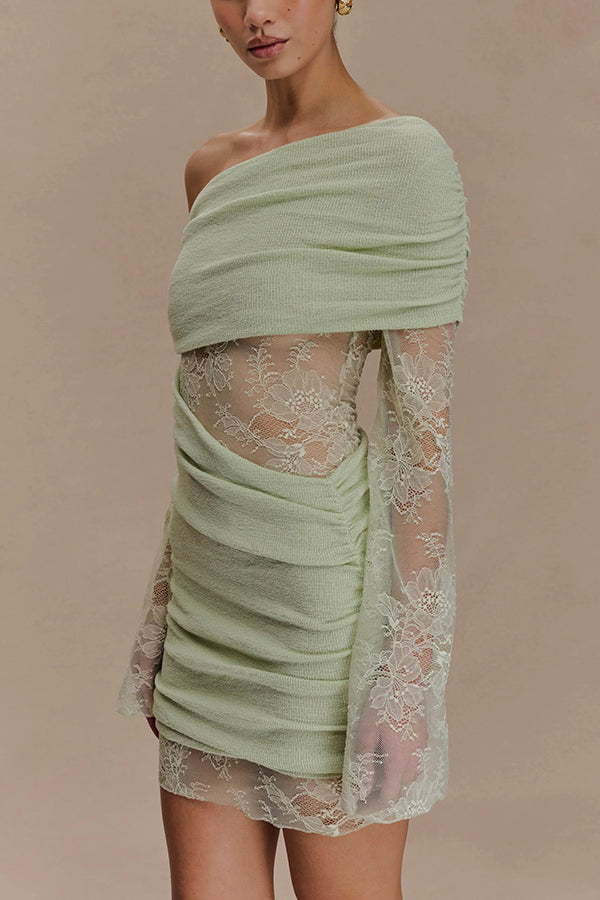 Fashion Lace Panel Long Sleeve Slim Fit Knit Mini Dress