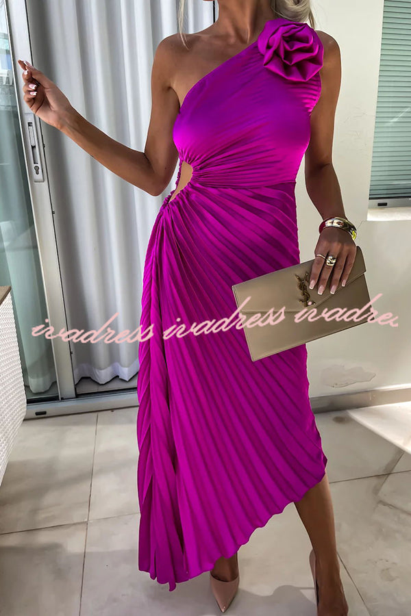Romantic Nights Satin Raised Flower Elastic Cutout One Shoulder Pleated Maxi Dress