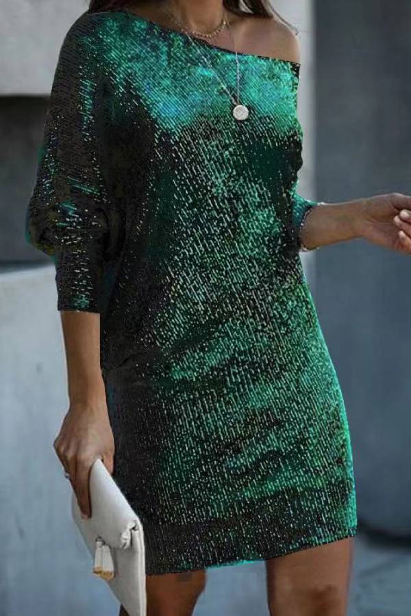 Sequined One Shoulder Off-The-Shoulder Batwing Sleeve Party Dress
