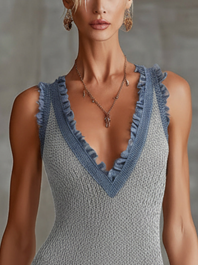 Gray Knit Mini Dress With Ruffled Chiffon Trim