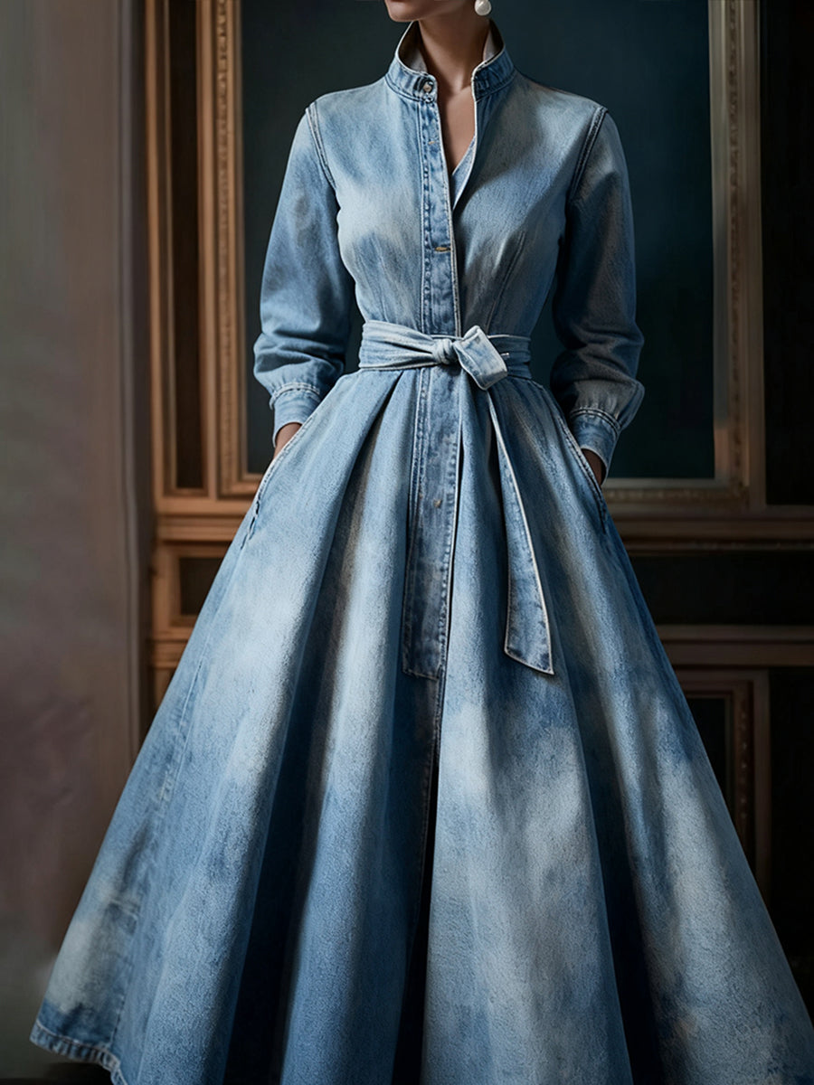 sheenchic Light Blue Denim Stand Collar Long Sleeve Pocket Pleated Belt Maxi Dress