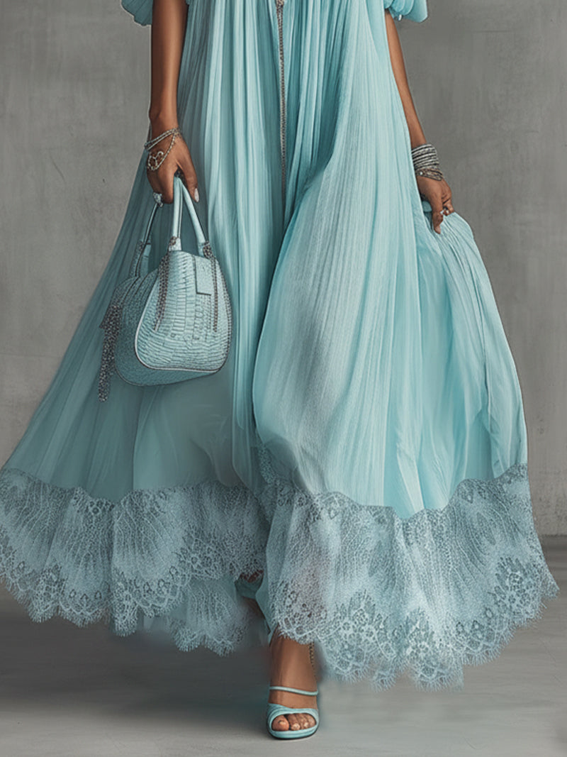 Sky Blue Pleated Chiffon Puff Sleeve Lace-Trim Maxi Dress