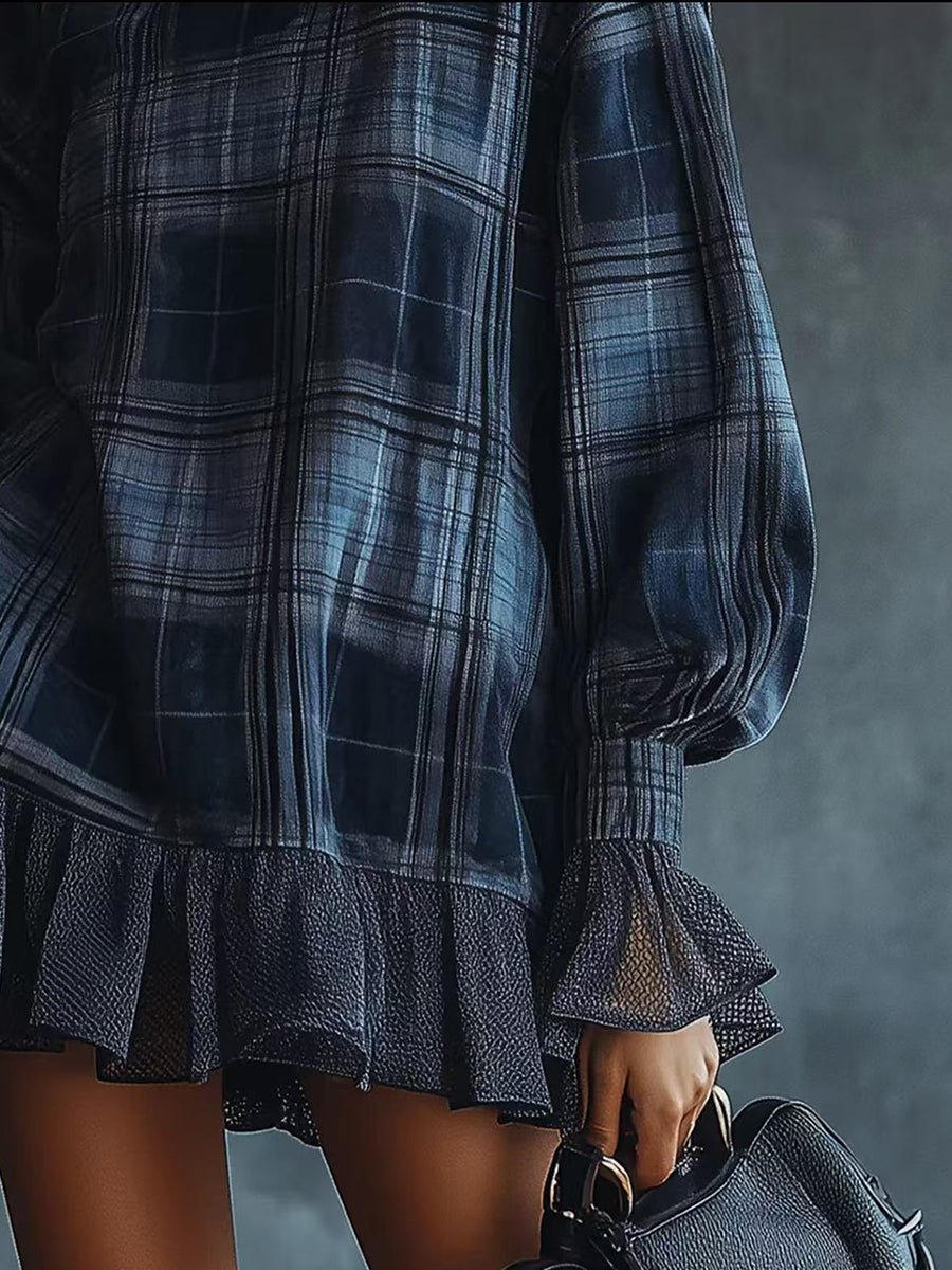 Daily Blue Plaid High Collar Lantern Sleeve Long Sleeve Pocket Vintage Contrast Mini Dresses