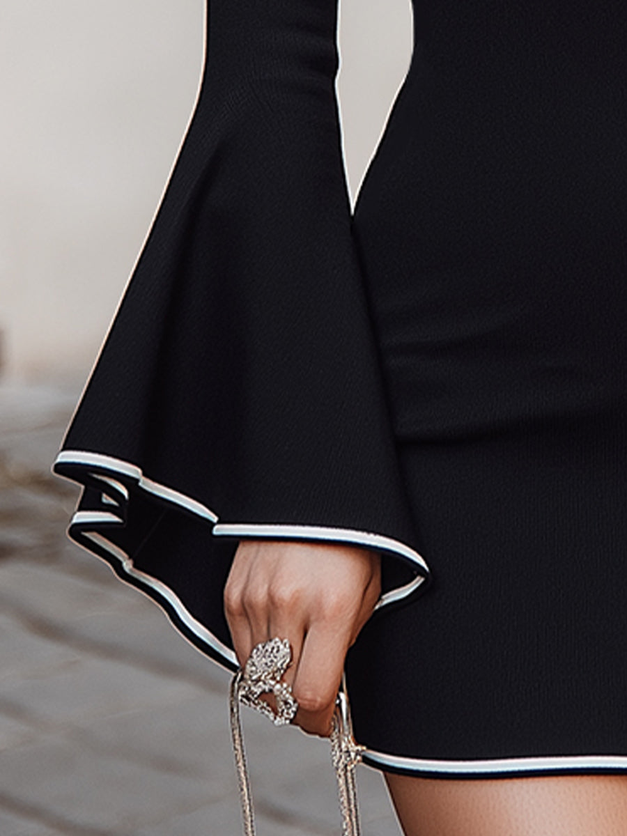 Elegant Rib-Knit Mock Neck Mini Dress With Bell Sleeves