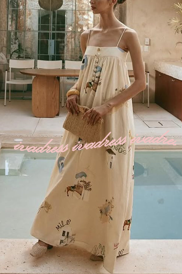 Linen Blend Sling Backless Loose Holiday Maxi Dress