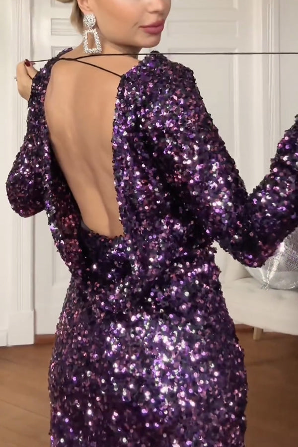 Call Me Beauty Sequin Back Cowl Neck Draped Long Sleeve Mini Dress