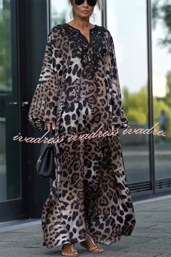 Rayna Lace Mixed Leopard Print Balloon Sleeve A-line Maxi Dress