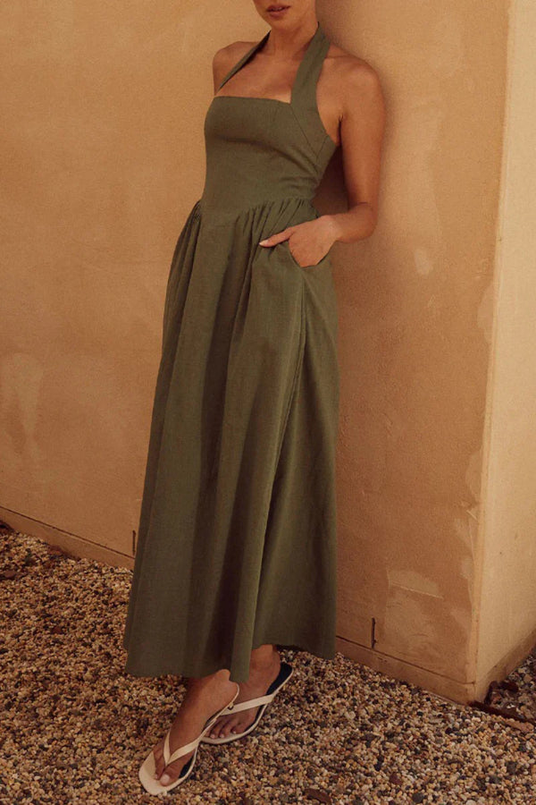 Sexy Solid Pocket Fold Halter Sleeveless Dresses