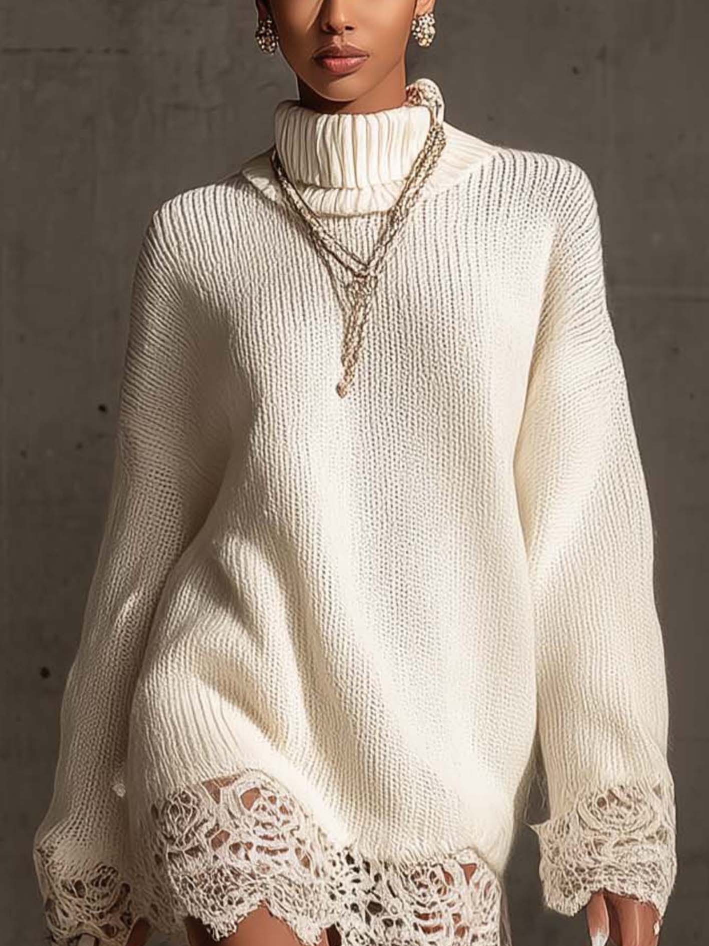 White Turtleneck Knit Mini Dress With Lace Trim