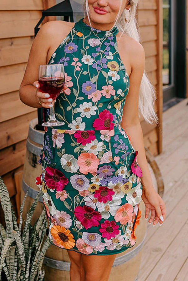 Wish Upon A Dream Floral Applique Halter Mini Dress