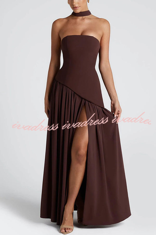 Elegant Off Shopulder Chiffon Pleated Hem Scarf Slit Maxi Dress
