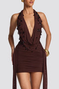 Halter-neck pleated mini dress