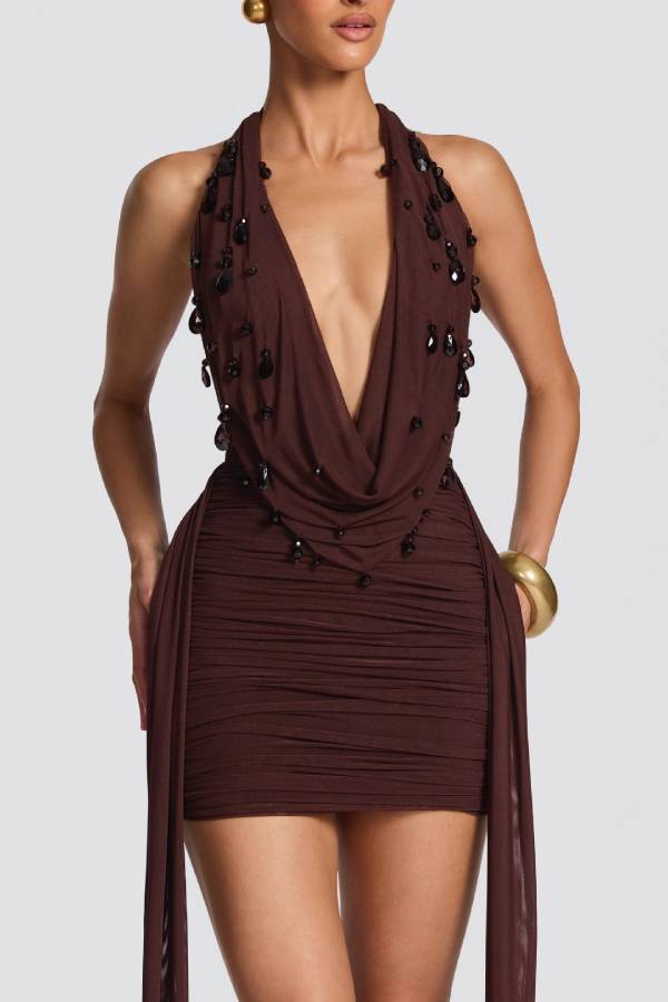 Halter-neck pleated mini dress