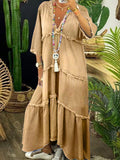 sheenchic V Neck Tiered 3/4 Sleeve Raw Edge Maxi Dress