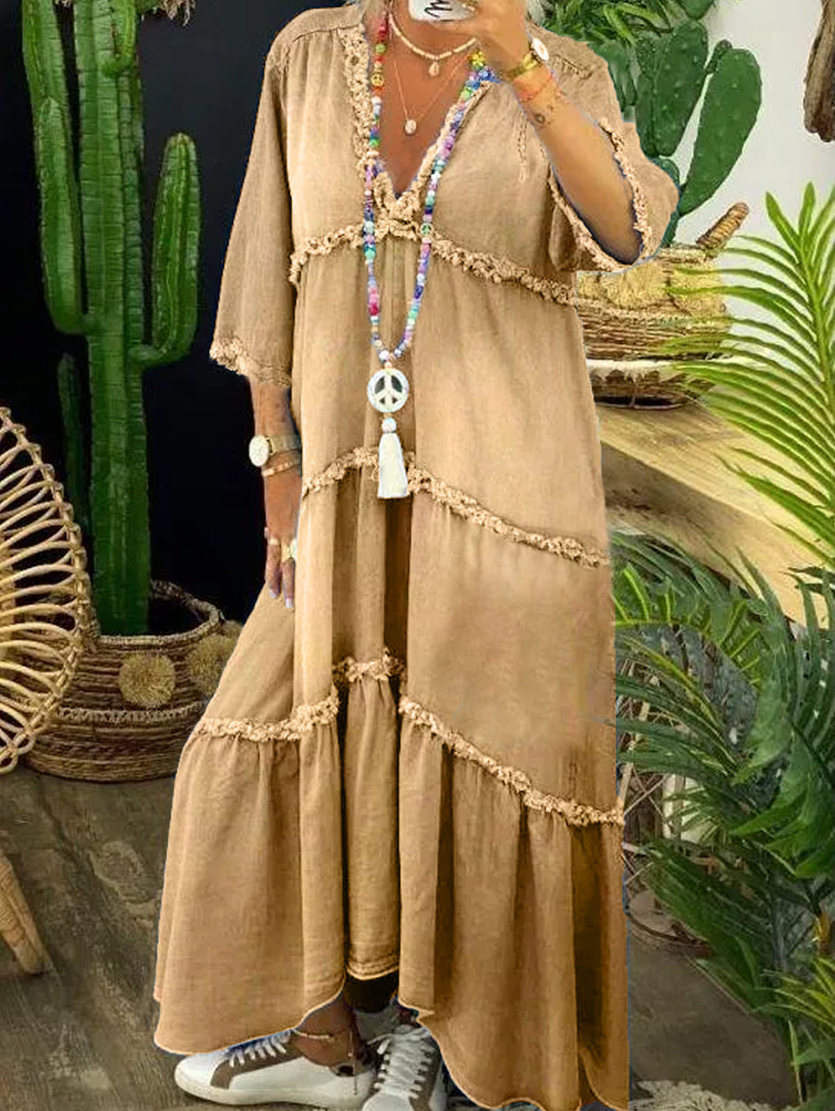 sheenchic V Neck Tiered 3/4 Sleeve Raw Edge Maxi Dress