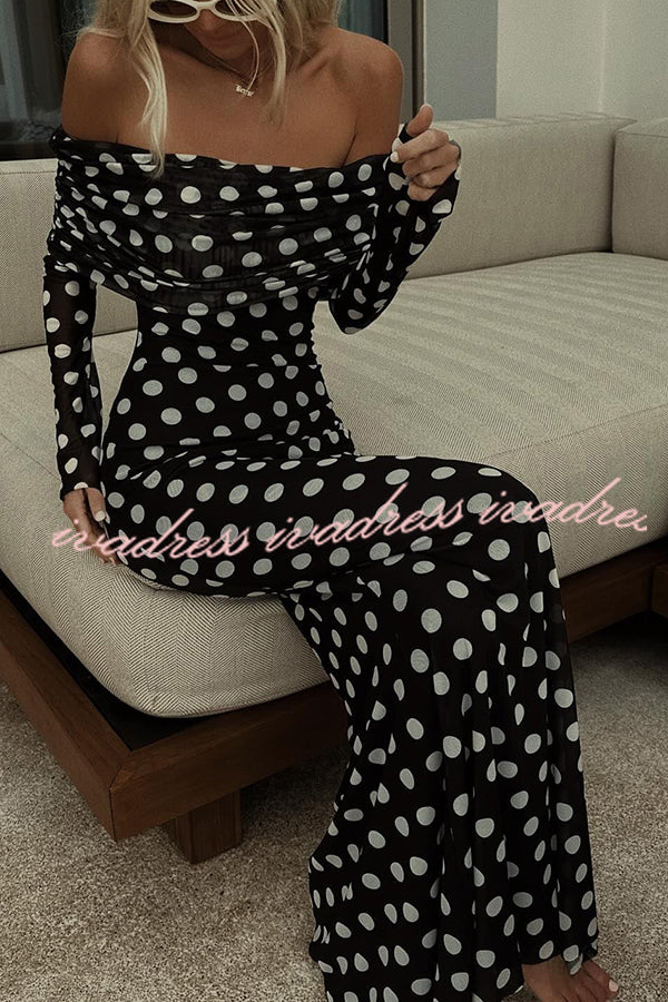 Chic Statement Polka Dot Print Off Shoulder Ruched Stretch Maxi Dress