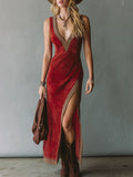 Leopard Print V-neck Faux Suede Sleeveless Maxi Dress