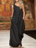 Slanted Collar Double-pocketed Cotton And Linen Sleeveless Maxi Dress