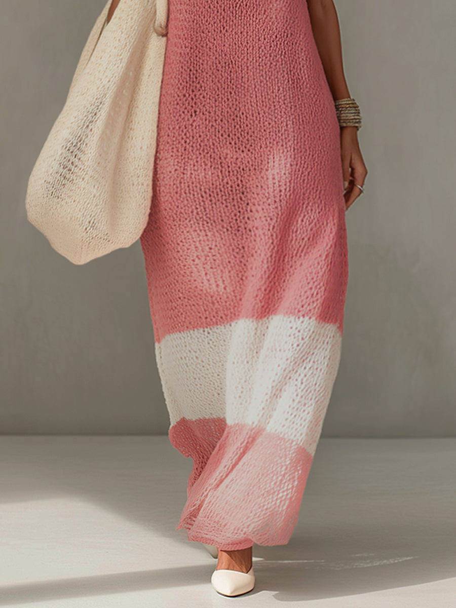 Pink Sheer Knit Maxi Dress With Layered Slip