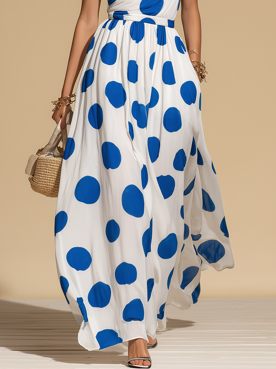 Elegant Vintage Polka Dot Print One-shoulder Sleeveless Chiffon Dress