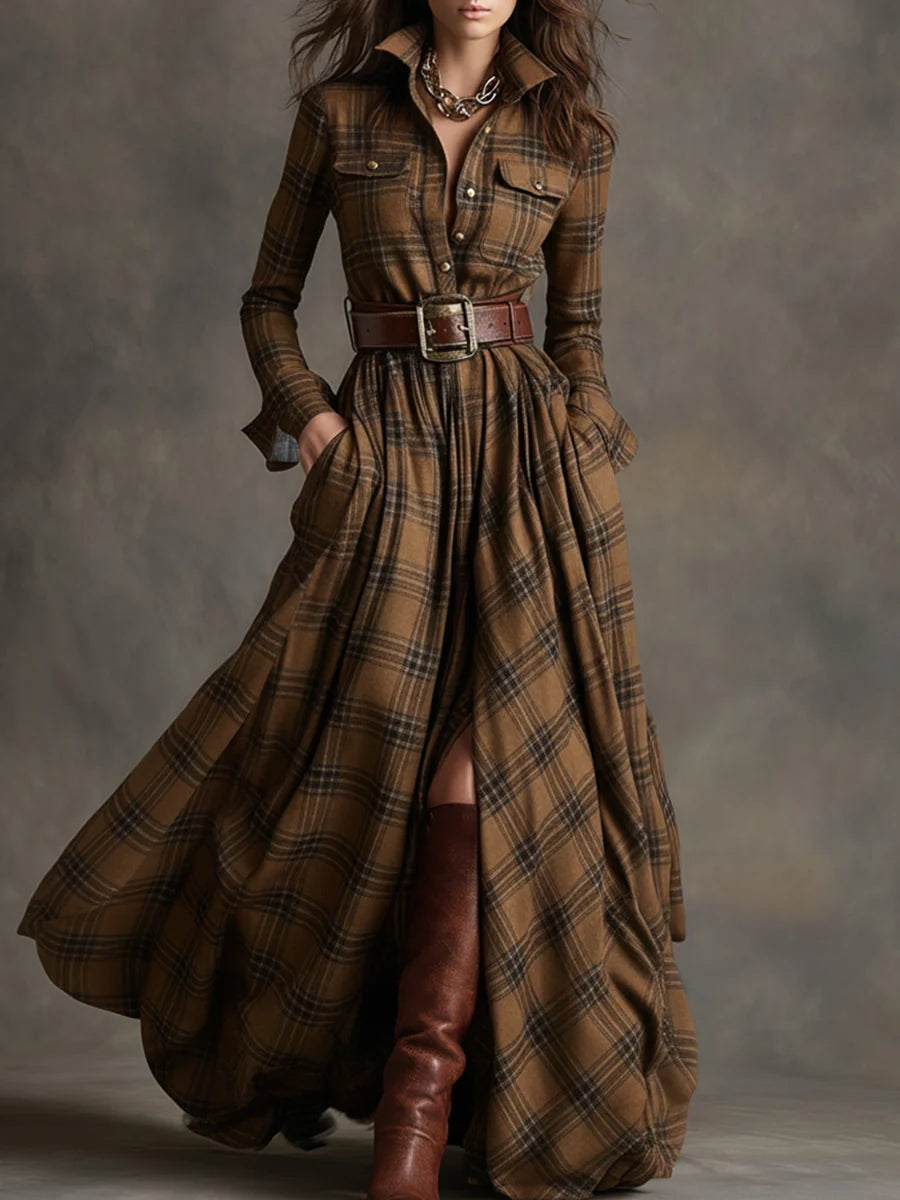 Daily Green Plaid Shirt Collar Long Sleeve Vintage Maxi Dresses
