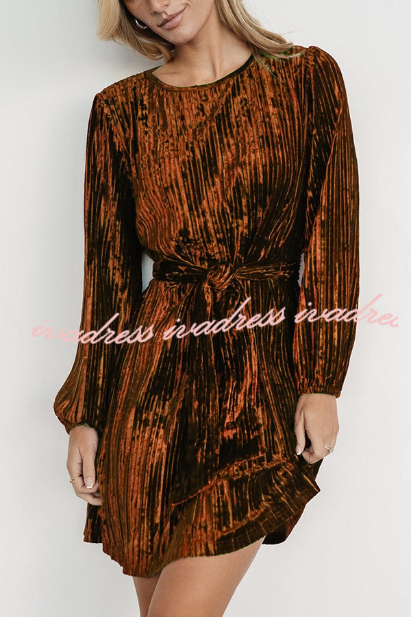Anastasia Crew Neck Lace Up Velvet Long Sleeve Mini Dress