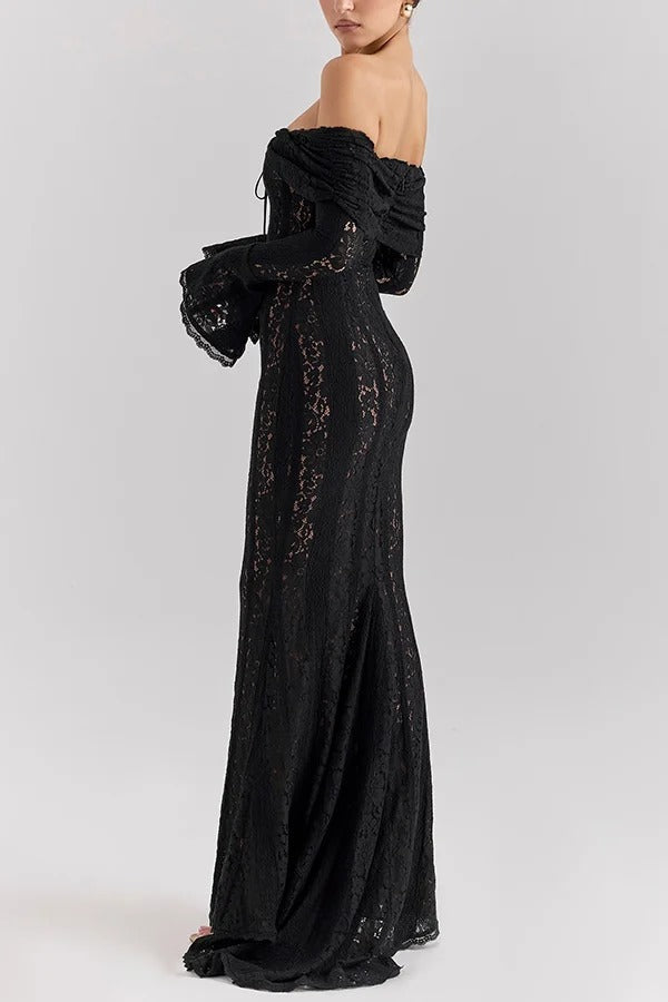 Floral Lace Off Shoulder Flare Sleeve Fishtail Maxi Dresses-White