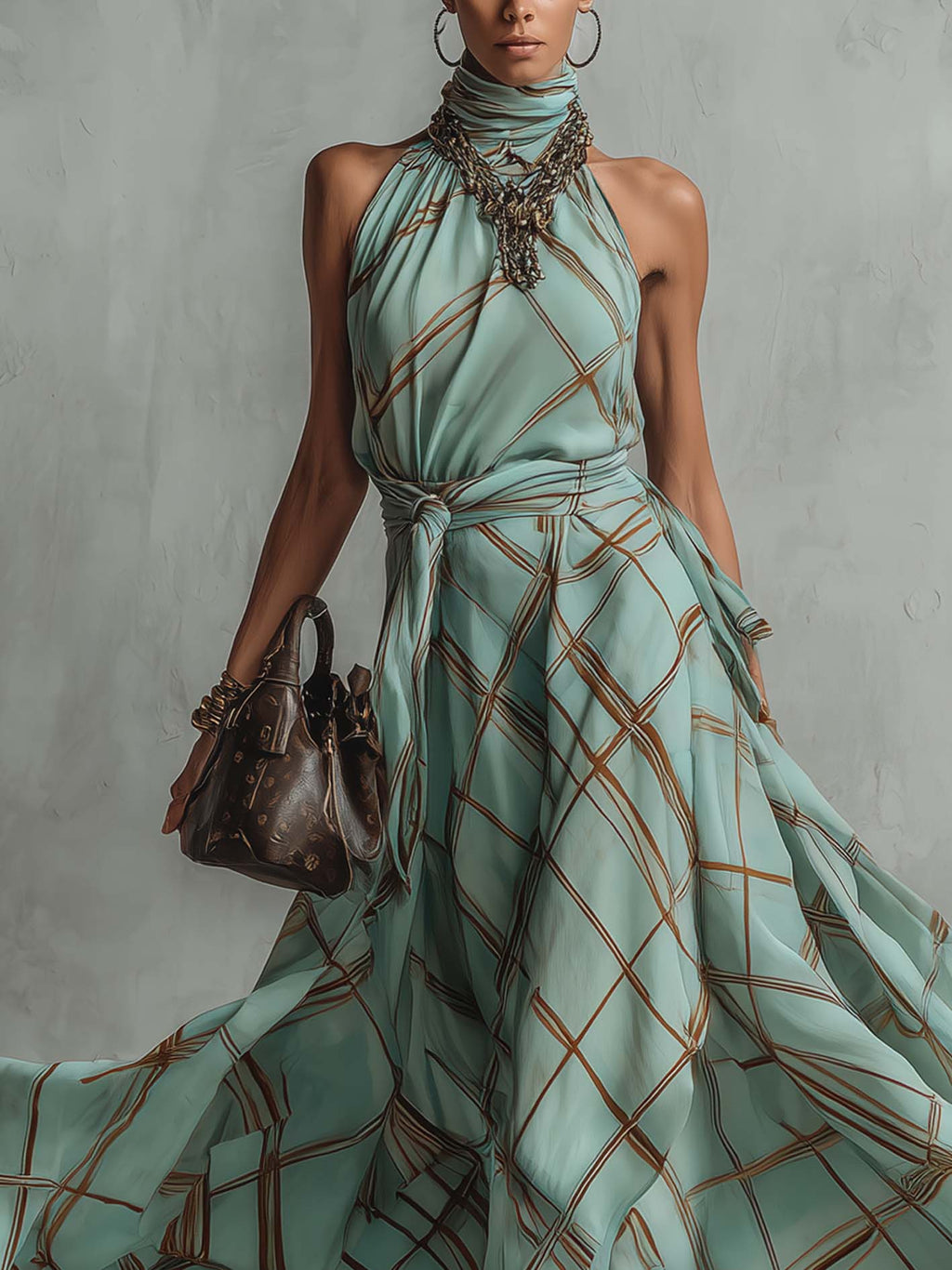 Mint Green Chiffon Plaid Maxi Dress