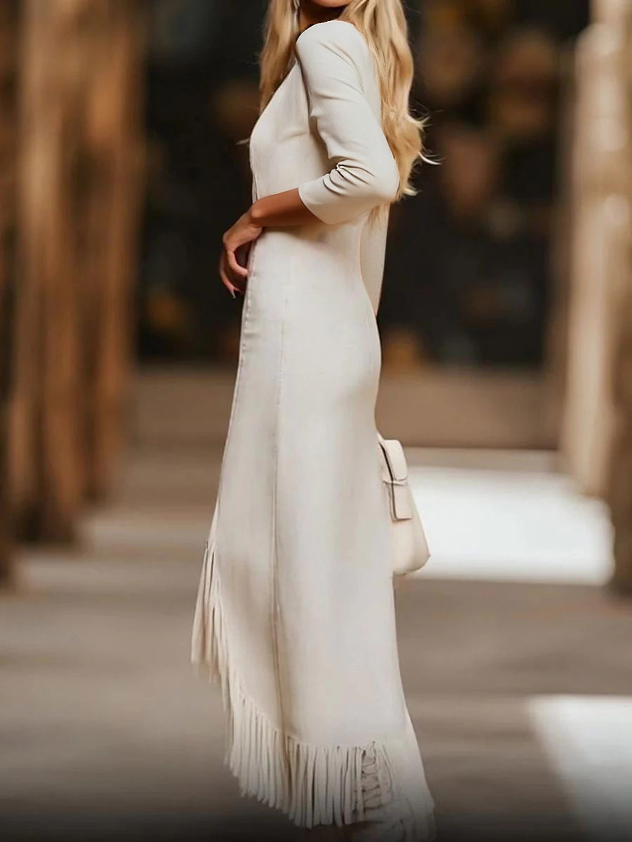 sheenchic Beige Deep V Neck Printed Long Sleeve Asymmetrical Fringe Hem Maxi Dress
