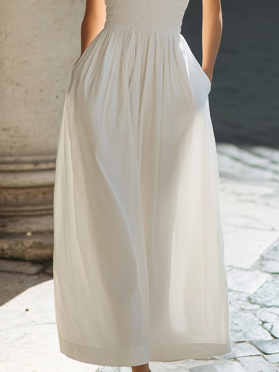 Elegant Sleeveless V-Neck Smocked Waist Maxi Dress With Pockets