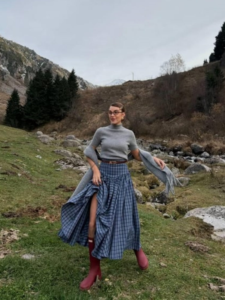 Navy Plaid High-Waist A-Line Skirt