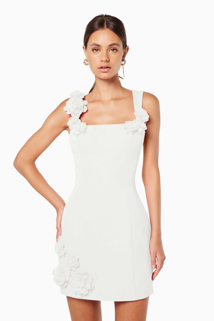 Solid Color 3D Floral Strap Mini Dress