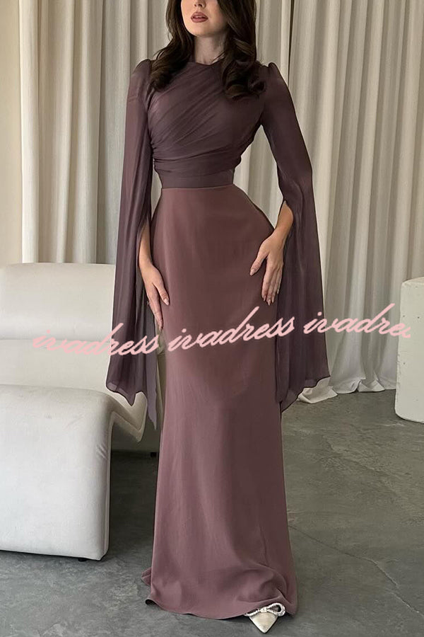 Liora Ruched Organza and Satin Patchwork Design Long Bell Slit Sleeve Maxi Dress