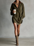 Daily Army Green Turndown Collar Lantern Sleeve Long Sleeve Pocket Casual Button Chamois Mini Dresses