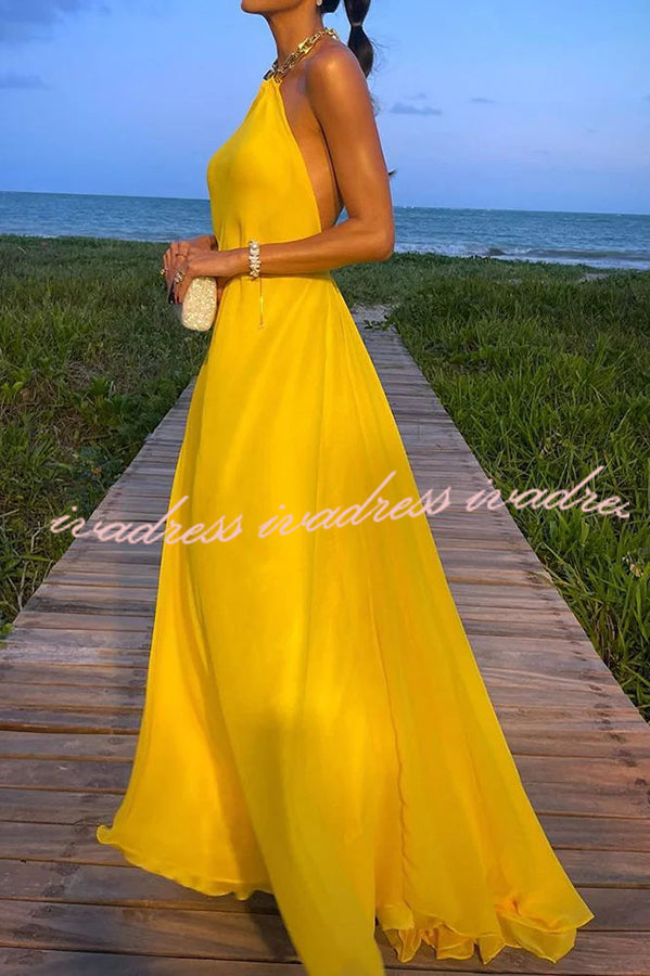 Sunny in Santorini Metal Chain Halter Backless A-line Vacation Maxi Dress