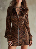 Daily Brown Leopard Shirt Collar Lantern Sleeve Long Sleeve Pocket Vintage Zipper Chamois Mini Dresses