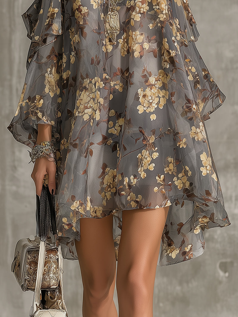 Gray Floral Chiffon Cold-Shoulder Mini Dress With Ruffled Neck