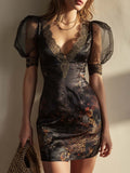 Vintage Glam Printed Satin Puff Sleeve Mini Dress