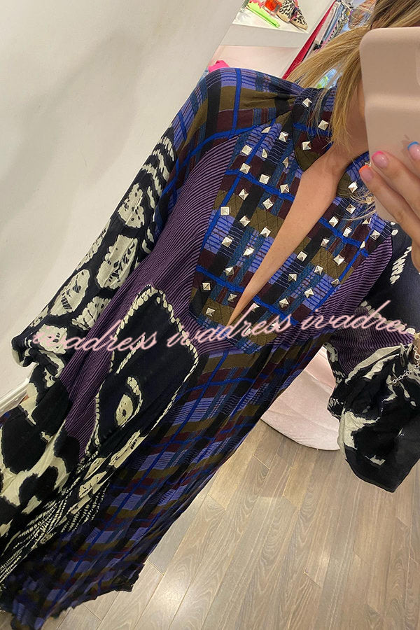 Creative Colorblock Print Long Sleeve Pocketed Shirt Maxi Dress