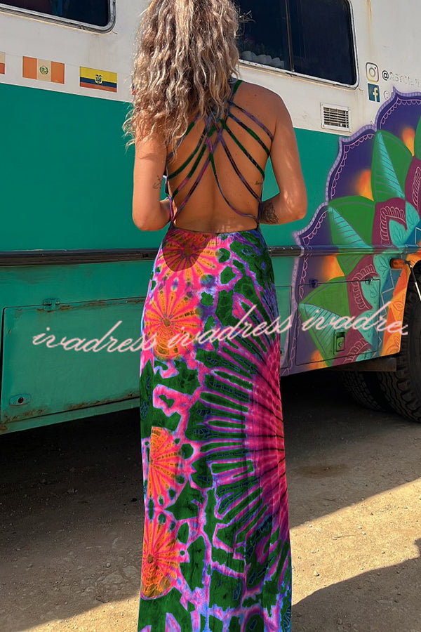 La Bamba Tie-dye Print Back Lace-up Stretch Maxi Dress