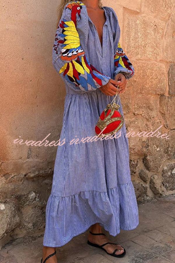 Unique Printed V-neck Lace-up Balloon Sleeves Loose Maxi Dress