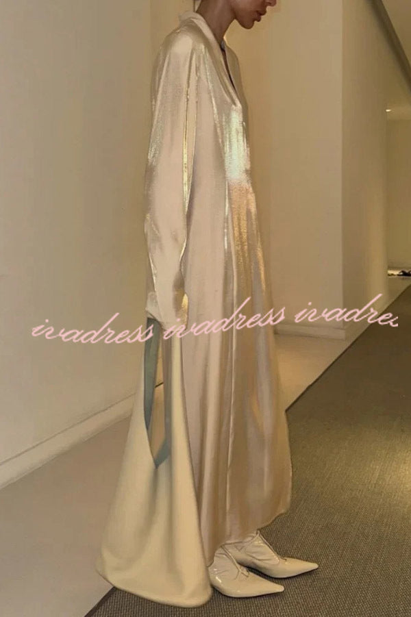 Solid Color Glossy V-neck Long Sleeve Casual Slit Maxi Dress
