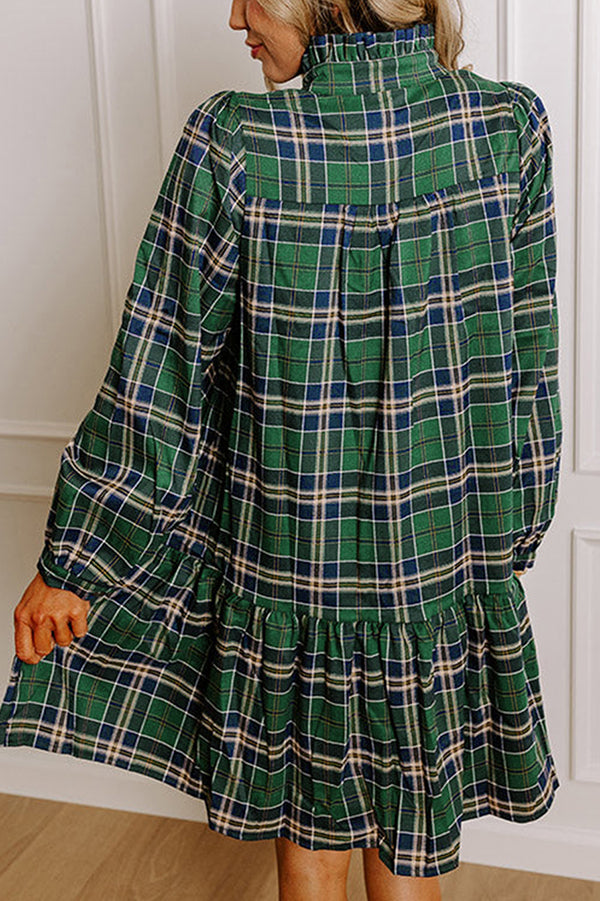 Plaid Print Loose V-Neck Long Sleeve Casual Mini Dress