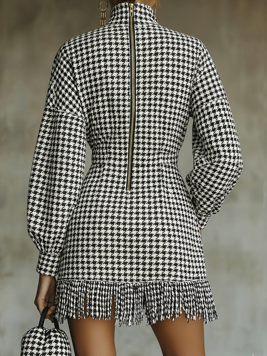 sheenchic Daily Black Houndstooth High Collar Lantern Sleeve Long Sleeve Strappy Casual Pocket Mini Dresses