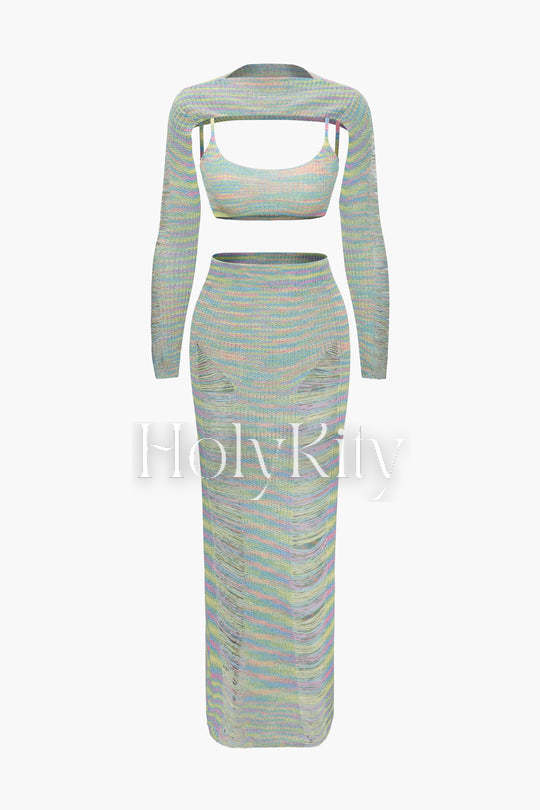 Knit Bra Top And Destroyed Knit Maxi Skirt And Shrug 3pc Set