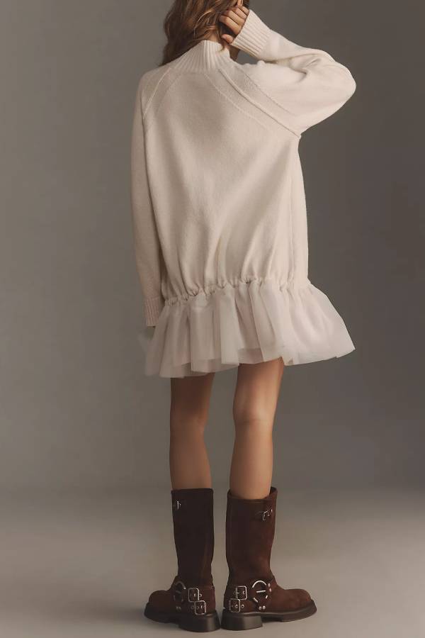 Holiday Cutie Knit Long Sleeve Turtleneck Tulle Twofer Mini Dress