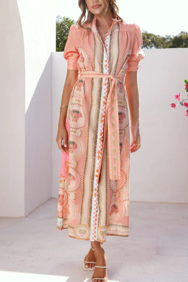 Unique Printed Puff Sleeve Button Lace Up Vacation Maxi Dress