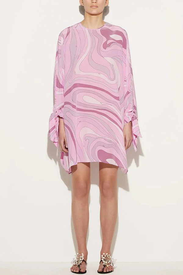 Micah Satin Unique Print Slit Tie-up Sleeve Shift Kaftan Mini Dress